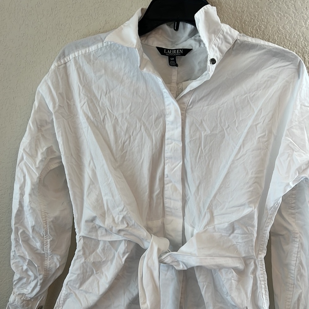 Lauren Ralph Lauren Cotton Puffed Long Sleeves Button Down Self-Tie Front Shirt - Picture 7 of 15